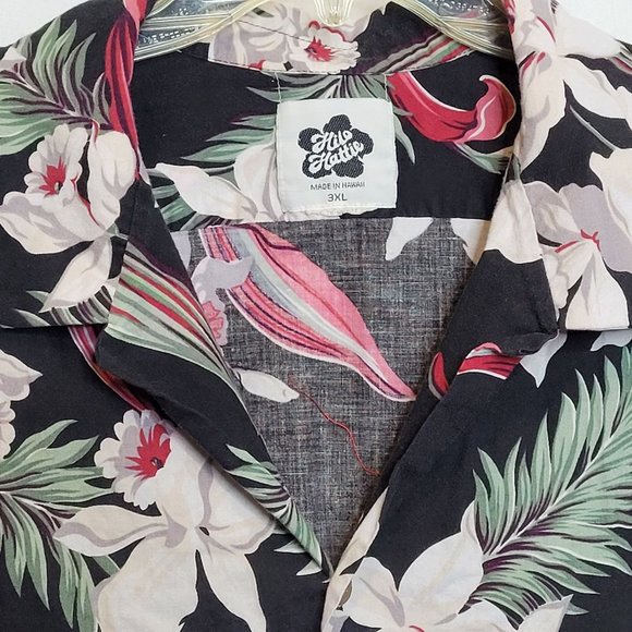 Vintage Hilo Hattie Button Up Shirt Black White Flowers 3XL Straight Hem Bottom - Picture 3 of 6
